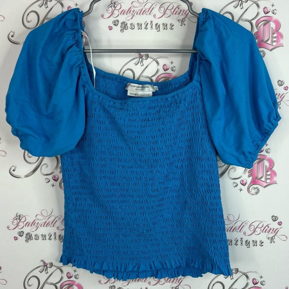 Contemporaine Simon’s vision stretchy tshirt tee Blue Smocked Puff Sleeve Top